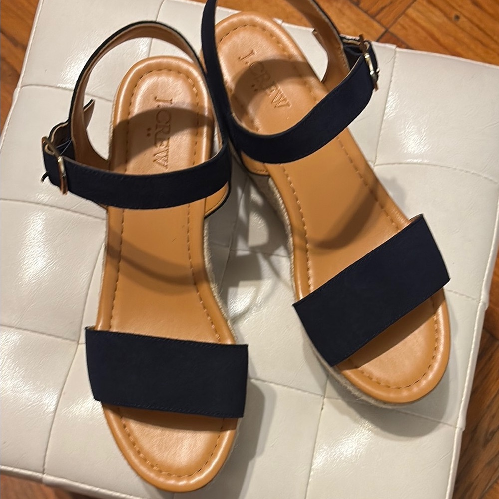 J. Crew Blue and Tan Sandals with Two-Strap Design